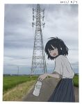  1girl :d black_skirt bottle closed_eyes cloud cloudy_sky commentary_request copyright_request dated expression_request field grass medium_hair mixed_media photo_(medium) photo_background plastic_bottle road sad_smile shirt short_sleeves skirt sky smile teardrop transmission_tower umi_ha_kirai water_bottle white_shirt 
