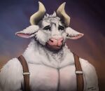  anthro asterion_(minotaur_hotel) bovid bovine bust_portrait danero european_mythology fur greek_mythology male mammal minotaur minotaur_hotel muscular muscular_male mythology portrait shirtless smile smiling_at_viewer solo suspenders white_body white_fur 