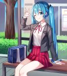  1girl ;) absurdres arm_support arm_up bag bare_legs bench black_bow blazer blue_eyes blue_hair bow closed_mouth collared_shirt day hair_bow hatsune_miku highres ille_(xcpa7325) jacket long_hair long_sleeves miniskirt neck_ribbon one_eye_closed open_clothes open_jacket outdoors pleated_skirt red_ribbon red_skirt ribbon school_bag school_uniform shiny shiny_hair shirt sitting skirt smile solo twintails very_long_hair vocaloid white_shirt wing_collar 