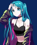  1girl black_choker blue_background blue_eyes blue_hair breasts choker cleavage closed_mouth clothes_down coat collarbone crop_top earrings hand_in_hair hatsune_miku highres ille_(xcpa7325) jewelry long_hair long_sleeves midriff navel open_clothes open_coat shiny shiny_hair simple_background small_breasts solo stomach twintails very_long_hair vocaloid 