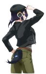  1girl absurdres alternate_costume black_hair brown_eyes emperor_penguin_(kemono_friends) eyebrows_visible_through_hair from_behind green_pants headphones highres kemono_friends long_sleeves looking_at_viewer orange_hair pants short_hair solo tail tanabe_(fueisei) 