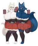  absurd_res anthro areola big_breasts blue_body blue_fur breasts canid canine clothing container cup female female/female fur hi_res holding_cup holding_object huge_breasts inake legwear mammal simple_background thigh_highs white_background 