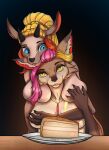  anthro big_breasts blonde_hair blue_eyes bovid braided_hair breasts brown_body brown_fur canid canine canis caprine duo female female/female forest fur hair hi_res luhao_(michisamael) mammal michisamael navel open_mouth plant tree winchi_(michisamael) yellow_eyes 