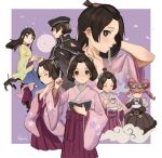  1boy 3girls ace_attorney black_hair black_headwear black_jacket crossdressing cup hair_down hakama hakama_skirt highres holding holding_cup iris_wilson jacket japanese_clothes kimono long_hair multiple_girls multiple_views pink_hair qosic red_hakama rei_membami ryunosuke_naruhodo sidelocks skirt susato_mikotoba teacup the_great_ace_attorney the_great_ace_attorney:_adventures the_great_ace_attorney_2:_resolve updo yellow_kimono 