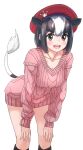  1girl animal_ears black_hair blush breasts brown_eyes cleavage collarbone cow_ears cow_girl cow_tail eyebrows_visible_through_hair hands_on_own_knees highres holstein_friesian_cattle_(kemono_friends) kemono_friends large_breasts leaning_forward looking_at_viewer multicolored_hair open_mouth pink_sweater short_hair smile solo sweater tail tanabe_(fueisei) white_hair 