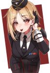  1girl absurdres armband black_gloves black_headwear black_jacket black_necktie blonde_hair candy chocolate collared_shirt eyebrows_visible_through_hair food food_in_mouth garrison_cap girls&#039;_frontline gloves half_gloves hat heart heart-shaped_chocolate highres jacket long_sleeves looking_at_viewer military_jacket mouth_hold mp40_(girls&#039;_frontline) necktie shirt short_hair solo sweat toryu_fufu wehrmacht white_shirt yellow_eyes 