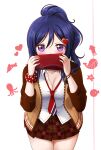  1girl absurdres blue_hair bracelet breasts cleavage collarbone collared_shirt eyebrows_visible_through_hair gift hair_ornament heart heart_hair_ornament highres holding holding_gift jan_azure jewelry large_breasts looking_at_viewer love_live! love_live!_sunshine!! matsuura_kanan medium_hair necktie pleated_skirt ponytail purple_eyes red_necktie shirt skirt solo valentine white_shirt 