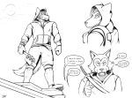  aiden_caldwell_(dying_light_2) anthro beastars canid canine canis claws clothed clothing crossover dialogue dying_light_2 face_mask fangs footwear fur hi_res hoodie legoshi_(beastars) male mammal monochrome moon shoes simple_background sketch teeth thatnerdwolf topwear weapon wolf 