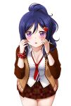  1girl absurdres blue_hair blush bracelet breasts cleavage collarbone collared_shirt eyebrows_visible_through_hair hair_ornament heart heart_hair_ornament highres jan_azure jewelry large_breasts looking_at_viewer love_live! love_live!_sunshine!! matsuura_kanan medium_hair necktie parted_lips pleated_skirt ponytail purple_eyes red_necktie shirt skirt solo valentine white_shirt 