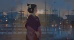  1girl ace_attorney black_hair boat hair_rings hakama japanese_clothes kimono mast night ocean outdoors qosic red_hakama susato_mikotoba the_great_ace_attorney the_great_ace_attorney:_adventures updo water watercraft 