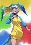  1girl :d bangs bird_tail bird_wings blue-and-yellow_macaw_(kemono_friends) blue_eyes blue_hair blue_sweater eyebrows_visible_through_hair green_hair grey_hair hand_on_own_chest head_wings highres kemono_friends long_sleeves looking_at_viewer multicolored_background multicolored_hair multicolored_wings open_mouth short_hair simple_background smile solo spread_wings sweater tail tanabe_(fueisei) turtleneck turtleneck_sweater two-tone_sweater white_hair wings yellow_sweater 