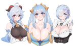  3girls absurdres ahoge bare_shoulders black_ribbon blue_eyes blue_hair blush bodystocking breasts cleavage closed_mouth detached_sleeves flower_knot framed_breasts ganyu_(genshin_impact) genshin_impact hair_over_one_eye hairband head_tilt highres horns huge_breasts juliet_sleeves large_breasts league_of_legends long_hair long_sleeves looking_at_viewer multiple_girls neck_ribbon one_eye_covered puffy_sleeves purple_eyes re:zero_kara_hajimeru_isekai_seikatsu rem_(re:zero) ribbon short_hair simple_background smile sona_(league_of_legends) twintails upper_body white_background yabby 