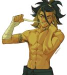  1boy abs adaman_(pokemon) arm_tattoo arm_wrap bangs brown_eyes clenched_teeth collar collarbone commentary earrings eyebrow_cut green_hair hair_between_eyes hands_up highres jewelry male_focus mouth_hold multicolored_hair navel padeliciouss pectorals pokemon pokemon_(game) pokemon_legends:_arceus simple_background solo tattoo teeth topless_male twitter_username white_background 