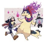  1girl akari_(pokemon) black_legwear border brown_footwear commentary cyndaquil evolutionary_line fire floating_hair grey_jacket grey_skirt head_scarf hisuian_typhlosion holding holding_pokemon jacket long_hair loose_socks pantyhose pokemon pokemon_(creature) pokemon_(game) pokemon_legends:_arceus ponytail purple_fire quilava red_scarf sagemaru-br scarf shoes sidelocks skirt twitter_username white_border white_headwear white_legwear 