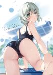  1girl ass bangs bare_arms bare_legs bare_shoulders barefoot black_swimsuit blue_swimsuit blush breasts cameltoe day eyebrows_visible_through_hair feet from_behind green_eyes green_hair hair_between_eyes highres komeiji_koishi looking_at_viewer looking_back miyase_mahiro one-piece_swimsuit open_mouth outdoors pool scan short_hair shoulder_blades skin_tight soles solo swimsuit thighs touhou translation_request water_drop wet wet_clothes wet_swimsuit 