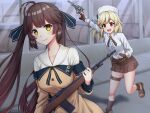  2girls battle_rifle blonde_hair brown_hair fingerless_gloves fur_hat girls&#039;_frontline gloves green_eyes gun hat highres m14 m14_(girls&#039;_frontline) multiple_girls nagant_m1895 nagant_revolver_(girls&#039;_frontline) red_eyes restaurant rifle rynzfrancis school_uniform serafuku trigger_discipline twintails ushanka weapon window 