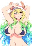  1girl aqua_hair arm_behind_head armpits arms_up bikini blue_eyes blue_hair blush breasts closed_mouth collarbone covered_nipples dragon_horns green_eyes green_hair half-closed_eyes hat hetero highres horns huge_breasts kobayashi-san_chi_no_maidragon long_hair looking_at_viewer lucoa_(maidragon) mamiyama multicolored_eyes multicolored_hair navel simple_background skindentation smile solo stomach swimsuit unusually_open_eyes upper_body very_long_hair white_background yellow_eyes 