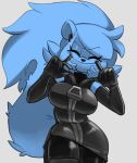  2022 5_fingers anthro armwear big_breasts black_nose black_suit blue_body blue_fur blue_hair breasts clothed clothing digital_media_(artwork) elbow_gloves eyelashes eyes_closed female fingers front_view fur gloves hair handwear hi_res lettuce_(latexia) mammal poogyl rodent sciurid simple_background smile solo standing suit tight_clothing tree_squirrel white_background wide_hips zipper 