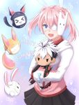  1girl absurdres animal_ears blue_eyes bunny eyepatch fake_animal_ears happy_birthday headphones highres looking_to_the_side mi_(vtuber) pale_skin pink_hair rabbit_ears rabbit_girl sleeves_past_wrists solo stuffed_toy twintails vdonburi veil13 