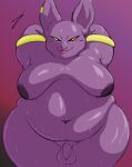  absurd_res anthro balls belly big_butt bodily_fluids butt champa curvy_figure digital_media_(artwork) domestic_cat dragon_ball dragon_ball_super eye_moisturizer felid feline felis flaccid foreskin genitals hairless hairless_cat hi_res looking_at_viewer male mammal nipples nude orange_eyes overweight overweight_anthro overweight_male penis purple_body simple_background small_penis smile solo sphynx_(cat) sweat thick_thighs wide_hips yellow_eyes yellow_sclera 