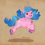  absurd_res artharuhi blue_hair blue_tail clothing cosplay costume cutie_mark equid equine eyebrows female feral friendship_is_magic hair happy hasbro hi_res hoodie hooves horn izzy_moonbow_(mlp) jumping long_hair mammal mlp_g5 my_little_pony open_mouth open_smile pajamas pinkie_pie_(mlp) purple_body purple_eyes purple_hooves signature smile topwear unicorn 