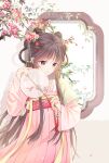  1girl bangs branch brown_eyes brown_hair chinese_clothes chinese_commentary double_bun flower hair_behind_ear hair_rings hanfu holding jiushi_shijiu long_hair looking_down original pink_flower pink_skirt skirt solo window 