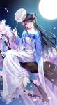  1girl bangs barefoot black_hair blue_dress blue_eyes branch chinese_clothes chinese_commentary collarbone dress eyebrows_visible_through_hair flower hair_behind_ear hanfu head_tilt highres holding jiushi_shijiu moon night night_sky original pink_flower sitting sky smile solo 