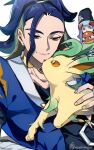  2boys adaman_(pokemon) black_shirt blue_coat blue_hair brown_eyes closed_mouth coat collar commentary_request eyebrow_cut fingernails floral_print green_hair half-closed_eyes highres hisuian_voltorb holding holding_pokemon leafeon looking_down male_focus melli_(pokemon) multicolored_hair multiple_boys pokemon pokemon_(creature) pokemon_(game) pokemon_legends:_arceus shirt smile tied_hair twitter_username usachangm white_background 