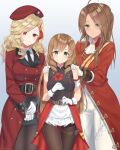  3girls absurdres beret blonde_hair brown_hair commission drill_hair female_commander_(girls&#039;_frontline) fn-49_(girls&#039;_frontline) girls&#039;_frontline green_eyes hat highres lee-enfield_(girls&#039;_frontline) long_hair military military_hat military_uniform multicolored_hair multiple_girls necktie red_eyes red_hair rynzfrancis smile streaked_hair twin_drills two-tone_hair uniform 