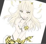  1girl aohashi_ame blonde_hair blush breasts choker cleavage collarbone fake_horns glasses horns long_hair looking_at_viewer oni_horns open_mouth perrine_h._clostermann simple_background sketch small_breasts solo strike_witches tiger_stripes upper_body white_background world_witches_series yellow_eyes 
