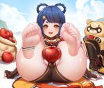  1girl :d absurdres apple ass bag bare_legs barefoot bell black_gloves black_shorts blue_hair blue_sky braid china_dress chinese_clothes dress feet fingerless_gloves food fruit genshin_impact gloves guoba_(genshin_impact) hair_ornament hairclip high_heels highres jingle_bell legs looking_at_viewer lying on_back open_mouth panda partially_visible_vulva paw_print shoes shoes_removed short_eyebrows short_hair short_shorts shorts sky smile soles thighs toes twin_braids wuqing_yanhui_gang xiangling_(genshin_impact) yellow_eyes 