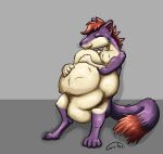  abdominal_bulge ambiguous_gender ambiguous_prey anthro anthro_pred biped blitzstoat_(gyro) blue_eyes countershading gyrotech hi_res male male_pred mammal markings mustela mustelid musteline paws purple_body red_markings same_size_vore stoat tan_body true_musteline vore 