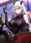  1girl absurdres aegir_(azur_lane) azur_lane bare_shoulders black_cape blurry blurry_background bodystocking boots bottle breast_curtains breasts brown_gloves cape cross cross-laced_clothes cross_earrings demon_horns earrings elbow_gloves eyebrows_visible_through_hair gloves hair_between_eyes hair_on_horn hand_in_hair highres horns impossible_clothes jewelry knee_boots large_breasts long_hair looking_at_viewer multicolored_hair orange_eyes red_hair single_knee_boot sitting skin_tight solo streaked_hair two-tone_hair underbust very_long_hair white_hair zen.nico 
