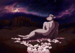  anthro asterion_(minotaur_hotel) bovid bovine butt desert european_mythology flower greek_mythology hi_res leaning_on_arm looking_away lying male mammal minotaur minotaur_hotel muscular muscular_male mythology night nude on_side plant rear_view shiuk solo 