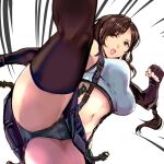  1girl axe_kick black_hair black_legwear black_panties black_skirt breasts clenched_hand commentary_request crop_top crotch_seam final_fantasy final_fantasy_vii final_fantasy_vii_remake fingerless_gloves gloves high_kick kamisimo_90 kicking kneepits large_breasts long_hair low-tied_long_hair midriff navel open_mouth panties skirt solo standing standing_on_one_leg suspender_skirt suspenders tank_top thighhighs tifa_lockhart underwear very_long_hair white_tank_top 
