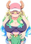  1boy 1girl age_difference baseball_cap behind_another black_tank_top blonde_hair blue_eyes blue_hair blush breast_rest breasts breasts_on_head cleavage closed_eyes closed_mouth cowboy_shot dragon_horns green_hair hair_between_eyes hat height_difference hetero highres horns horns_through_headwear huge_breasts kobayashi-san_chi_no_maidragon long_hair lucoa_(maidragon) magatsuchi_shouta mamiyama multicolored_hair nose_blush onee-shota pink_headwear purple_eyes shirt short_sleeves shorts simple_background smile tank_top upper_body very_long_hair white_background 