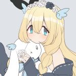  1girl absurdres blonde_hair blue_eyes blush bunny davanchi flower hair_flower hair_ornament head_wreath highres long_sleeves looking_to_the_side pale_skin plushcharm solo stuffed_animal stuffed_toy vdonburi virtual_youtuber 