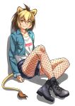  1girl absurdres animal_ears barbary_lion_(kemono_friends) black_footwear blonde_hair blue_jacket boots brown_hair denim denim_shorts dyed_bangs eyebrows_visible_through_hair fishnet_legwear fishnets highres jacket kemono_friends kemono_friends_3 lion_ears lion_girl lion_tail long_sleeves looking_at_viewer multicolored_hair official_alternate_costume shirt short_hair short_shorts shorts sitting solo t-shirt tail tanabe_(fueisei) two-tone_hair white_shirt yellow_eyes 