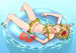  1girl afloat alternate_costume animal_ears bare_legs barefoot bikini blonde_hair cat_ears cat_girl cat_tail extra_ears eyebrows_visible_through_hair flower frilled_swimsuit frills from_above hair_flower hair_ornament highres innertube japari_symbol kemono_friends kemono_friends_festival looking_at_viewer midriff navel official_alternate_costume print_bikini scrunchie serval_(kemono_friends) serval_print shell_necklace short_hair swimsuit tail tanabe_(fueisei) water wrist_scrunchie yellow_bikini yellow_eyes 