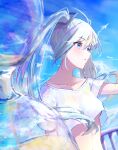  1girl absurdres bangs blue_eyes blue_sky breasts collarbone crop_top day eyebrows_visible_through_hair floating_hair hair_between_eyes hatsune_miku highres long_hair midriff outdoors parted_lips rei_(farta_litia) shirt short_sleeves silver_hair sketch sky small_breasts solo stomach twintails underboob upper_body very_long_hair vocaloid white_shirt 