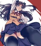  1girl arm_up bangs black_hair black_legwear black_skirt blue_eyes cameltoe commentary_request crotch_seam fate/stay_night fate_(series) hair_ribbon kamisimo_90 long_hair looking_at_viewer panties pantyshot parted_bangs pleated_skirt red_panties ribbon shirt skirt solo thighhighs tohsaka_rin two_side_up underwear white_shirt 