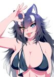  1girl animal_ears bikini_bottom_removed black_hair blue_eyes blush breasts brown_eyes cleavage closed_mouth collarbone eyebrows_visible_through_hair fangs fangs_out grey_wolf_(kemono_friends) heterochromia highres holding holding_clothes holding_swimsuit kemono_friends large_breasts looking_at_viewer mamiyama multicolored_hair smile solo swimsuit tongue tongue_out upper_body white_hair wolf_ears wolf_girl 