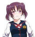  1girl absurdres blush closed_mouth collarbone eyebrows_visible_through_hair highres jan_azure kazuno_leah long_sleeves looking_at_viewer love_live! love_live!_sunshine!! purple_eyes purple_hair short_hair short_twintails solo transparent_background twintails upper_body 