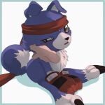  accessory anthro bandai_namco blue_body blue_fur canid canine digimon digimon_(species) disembodied_hand fur gaomon headband hi_res human mammal petting sitting takedaconomi2 yellow_eyes 