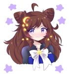  1girl brown_hair crescent crescent_hair_ornament crescent_moon hair_ornament looking_at_viewer moon nomi_(vtuber)_(artist) nummy_noodles_(vtuber) pale_skin purple_eyes star_(sky) star_(symbol) star_hair_ornament vdonburi virtual_youtuber 