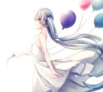  1girl :d absurdres backless_dress backless_outfit balloon bare_arms blue_eyes dress floating_hair from_side hatsune_miku highres ille_(xcpa7325) long_hair open_mouth profile silver_hair simple_background smile solo standing strapless strapless_dress twintails very_long_hair vocaloid white_background white_dress 