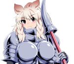  1girl animal_ears armor black_eyes blonde_hair blush breasts closed_mouth eyebrows_visible_through_hair highres holding holding_polearm holding_weapon kemono_friends large_breasts long_hair looking_at_viewer mamiyama polearm rhinoceros_ears rhinoceros_girl smile solo upper_body weapon white_rhinoceros_(kemono_friends) 