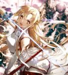  1girl abec arms_up asuna_(sao) bare_shoulders blush brown_eyes brown_hair bunbun dress highres holding holding_sword holding_weapon long_hair looking_at_viewer rapier red_ribbon ribbon sword sword_art_online weapon white_dress 