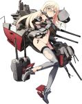  1girl armband bismarck_(kancolle) bismarck_zwei_(kancolle) blonde_hair blush boots breasts brown_gloves cannon defeat detached_sleeves full_body gloves grey_eyes grey_footwear grey_legwear hat hat_removed headwear_removed kantai_collection long_hair mecha_musume medium_breasts official_art open_mouth peaked_cap shimada_fumikane solo thighhighs torn_clothes torn_legwear 