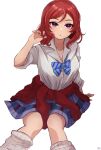  1girl :o absurdres blue_skirt bow bowtie clothes_around_waist gyaru hair_twirling highres kogal long_sleeves looking_at_viewer loose_bowtie loose_socks love_live! love_live!_school_idol_project medium_hair miniskirt nishikino_maki otonokizaka_school_uniform plaid plaid_skirt pleated_skirt pukonuu purple_eyes red_bow red_bowtie red_hair school_uniform shirt simple_background sitting skirt sleeves_rolled_up solo striped striped_bow striped_bowtie surprised sweater sweater_around_waist white_background white_shirt winter_uniform 